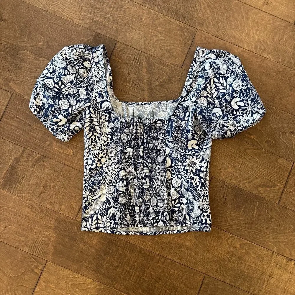 J Crew Top Womens 0 Puff Sleeve Navy White Toile Poplin Mermaid Floral